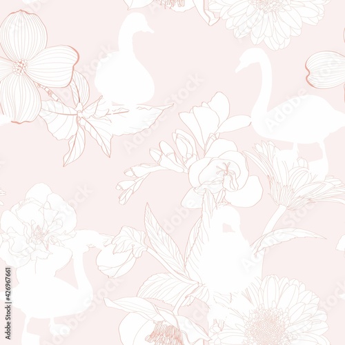 Beautiful seamless pattern with swans bird silhouette and line flowers illustration in beige color background.