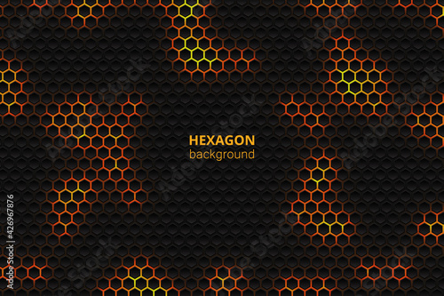 Tech hexagonal vector background. Yellow bright energy blinks under the hexagon in dark tech modern futuristic illustration. Black grid honeycomb texture.