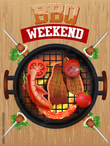 Barbecue party vector flyer or poster design template on grunge wood. BBQ cookout event retro typography with kebab, vegetables. Season weekend flyer. For invitation, outdoor party. Easy to edit