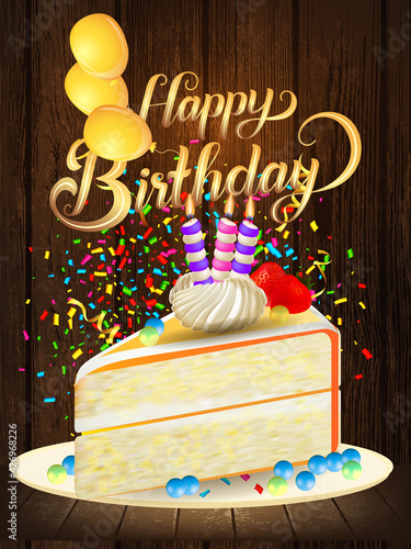 Birthday cake in realistic style with candles, bright lights bokeh, air balloon on wooden background. Vector fun decoration. Flyer of banner Design for greeting card and invitation. Easy to edit.
