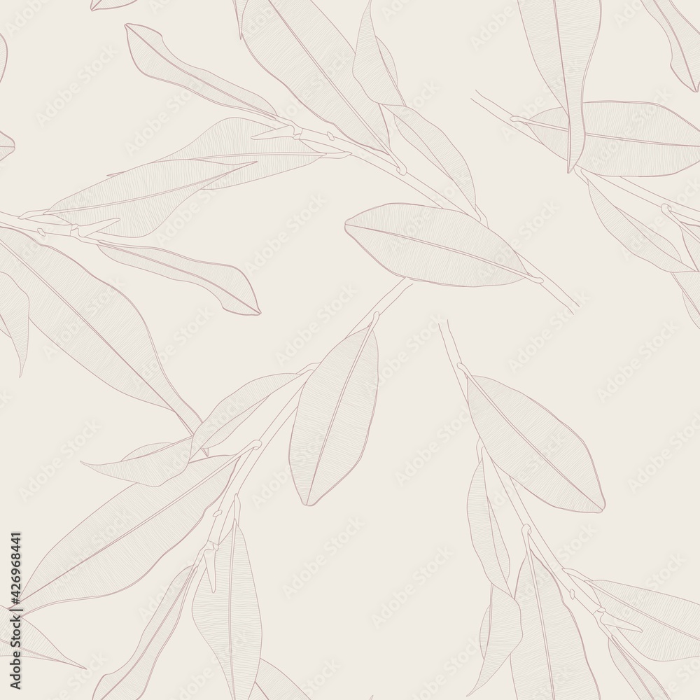 Seamless pattern background with Magnolia branch and leaf drawing illustration. Pastel color line illustration.