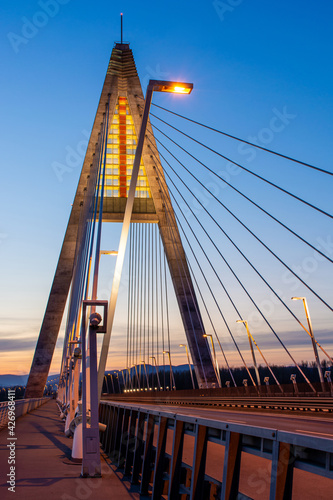 Madieri cable-stayed bridge in Budapest, evening twilight, bridge lighting