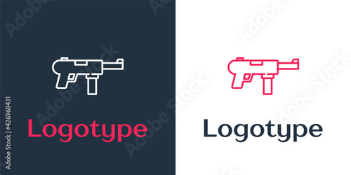 Logotype line Submachine gun M3, Grease gun icon isolated on white background. Logo design template element. Vector