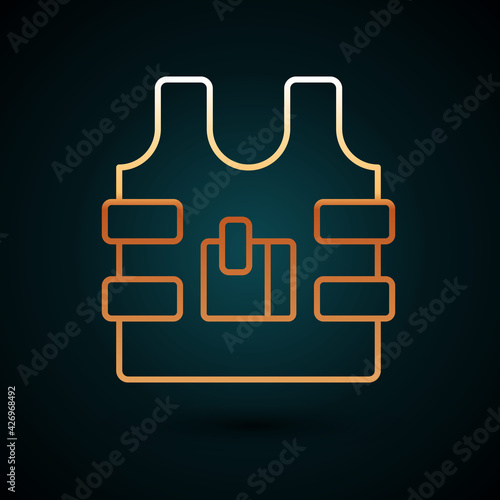 Gold line Bulletproof vest for protection from bullets icon isolated on dark blue background. Body armor sign. Military clothing. Vector