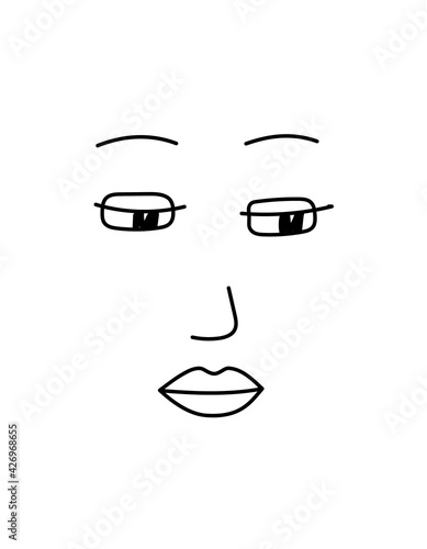 Modern abstract line minimalistic woman face. Simple, stylized portrait with open eyes and beautiful full lips. Black contours isolated on a white background. Modern design for logo icon, card. Vector