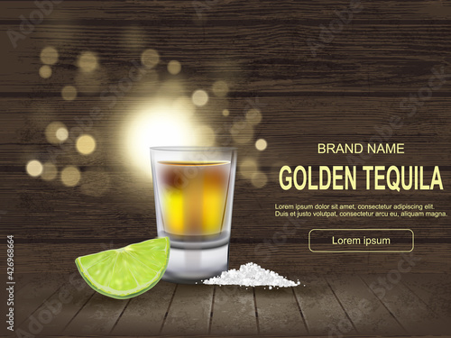 Mexican Gold Tequila shot, realistic style with green lemon slice, slot, free text space on wooden background. Concept luxury drink. Alcoholic drink concept. Easy to edit.