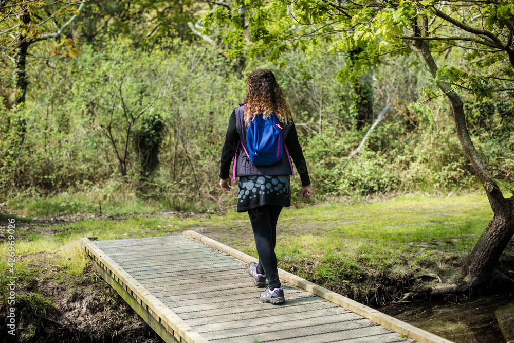 Mature woman walking in the woods in spring Mature woman walking in the woods in spring