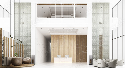 Reception hall in hotel The ceiling is high with mezzanine view, there is a waiting area. Decorate Chinese style and pattern using wood and metal materials with reception counter. 3d rendering