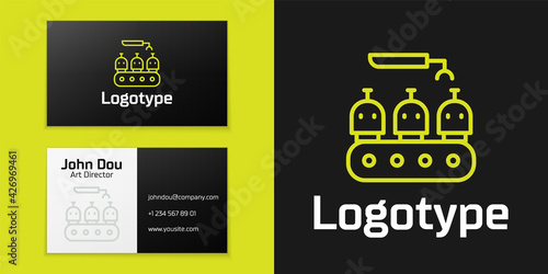Logotype line Robotic arm assemble line mechanic manufacturing factory robot operator production icon isolated on black background. Logo design template element. Vector