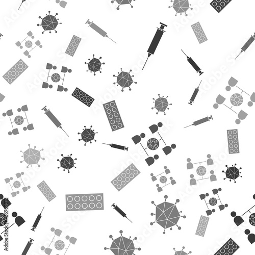 Set Syringe, Virus, Virus spread and Pills in blister pack on seamless pattern. Vector