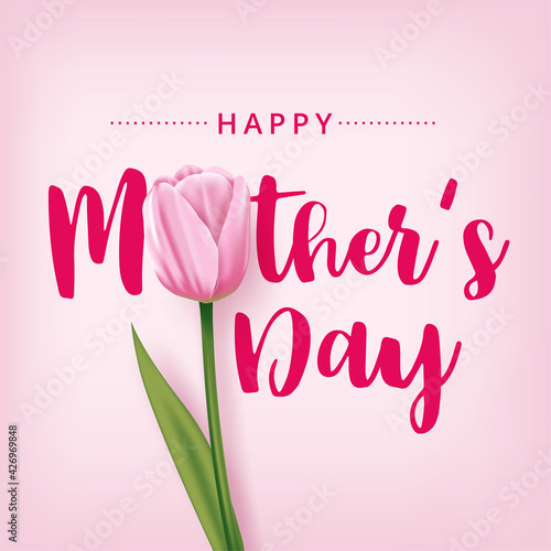 Happy mother's day card with pink tulip on a pink background