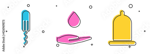Set Sanitary tampon, Washing hands with soap and Condom icon. Ve