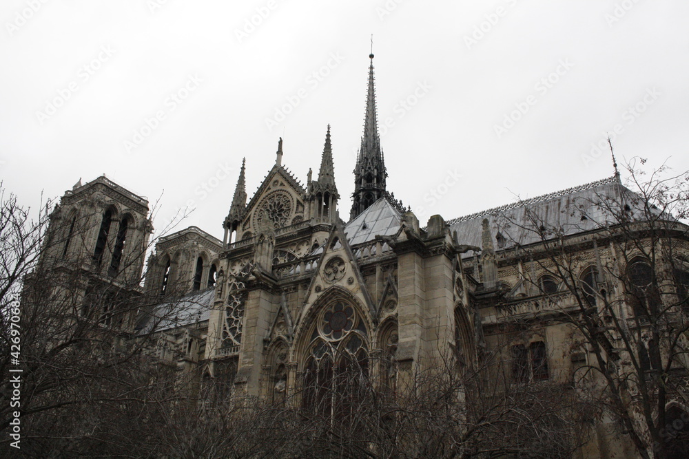 a full length photo of Notre Dame, Paris.