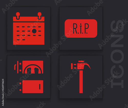 Set Hammer, Calendar death, Speech bubble rip death and Crematorium icon. Vector