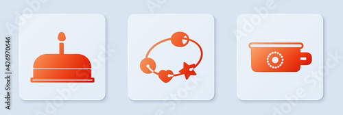 Set Rattle baby toy, Cake with burning candles and Baby potty. White square button. Vector