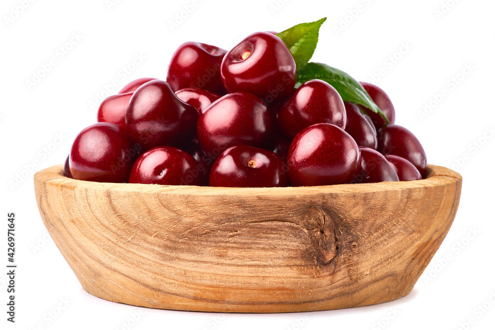 wooden bowl of sweet cherry fruits isolated on white background wooden bowl of sweet cherry fruits isolated on white background