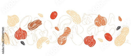 Vector  Seamless patterns with  Various Nuts and Seeds. Background with almond, cashew, peanut, walnut, pistachio.