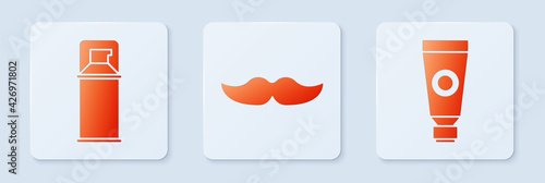 Set Mustache, Shaving gel foam and Cream or lotion cosmetic tube. White square button. Vector