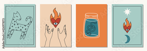 Set of hand drawn abstract elements in modern, trendy colors, taro cards and boho concept, minimalism art.