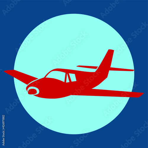 Flat style airplane icon in red color isolated on blue background