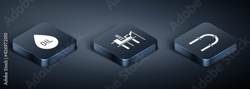 Set Isometric Oil drop, Industry pipe and Oil platform in the sea icon. Vector