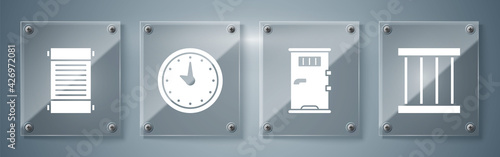 Set Prison window, Prison cell door, Clock and Decree, paper, parchment, scroll. Square glass panels. Vector