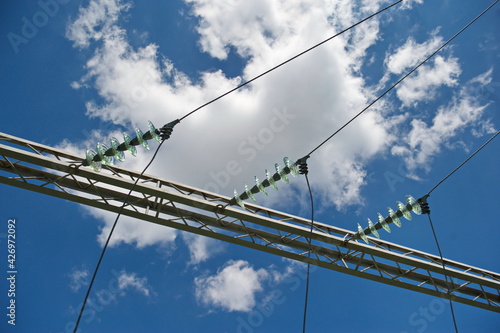 Nur-Sultan, Kazakhstan - 05.28.2015 : High-voltage power lines with insulators, stabilizers and transformers.