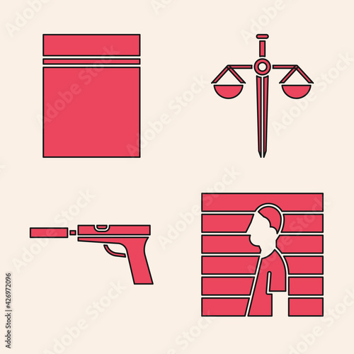 Set Suspect criminal, Plastic bag with ziplock, Scales of justice and Pistol or gun with silencer icon. Vector