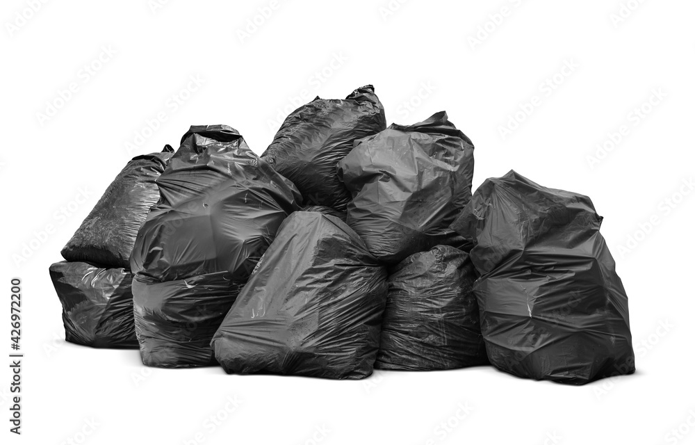 Black garbage bags stack or Waste plastic bags isolated on white background