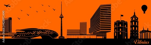 Vector city skyline silhouette - illustration, 
Town in orange background, 
Vilnius Lithuania photo