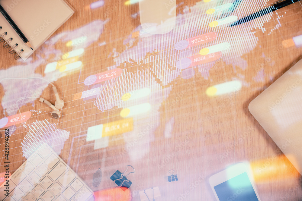 Multi exposure of technology theme drawing over work table desktop. Top view. Global data analysis concept. Multi exposure of technology theme drawing over work table desktop. Top view. Global data analysis concept.
