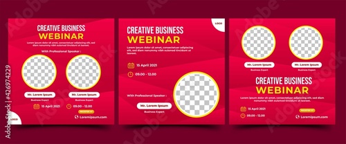 Set of Webinar Social Media post template. Modern banner with abstract gradient red background. Vector design with place for the photo. Suitable for social media post, banners, and websites
