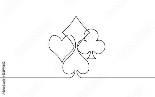 Single continuous line art card suit symbols. Online casino poker game concept silhouette design. One sketch outline drawing vector illustration
