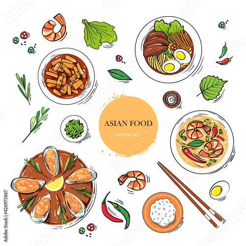 Traditional Asian food - tteokbokki, spicy ramen with noodles, meat, eggs, shrimp soup, mussels. Hand-drawn vector set with Korean dishes in sketch cartoon style for cafe, restaurant menus. Top view