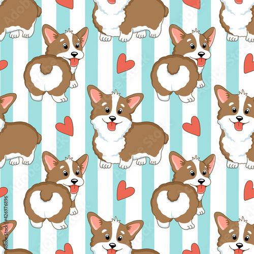 Seamless pattern with cute cartoon lovely corgi dogs and hearts.Vector illustration.