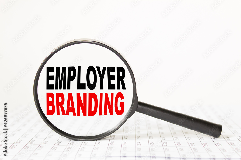words EMPLOYER BRANDING in a magnifying glass on a white background. business concept words EMPLOYER BRANDING in a magnifying glass on a white background. business concept