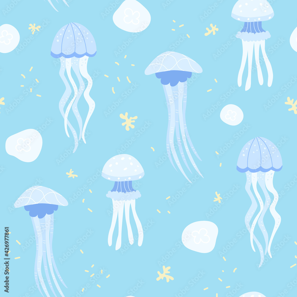Seamless marine pattern with various deep sea jellyfish. Great for fabric, textile. Vector Illustration Seamless marine pattern with various deep sea jellyfish. Great for fabric, textile. Vector Illustration
