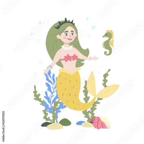 Cute fairy mermaid and seahorse. Perfectly look on t-shirt, poster, nursery decoration, apparel design.