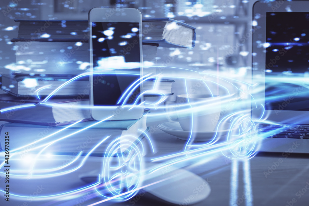 Double exposure of automobile theme sketch over cell phone background. Concept of technology Double exposure of automobile theme sketch over cell phone background. Concept of technology