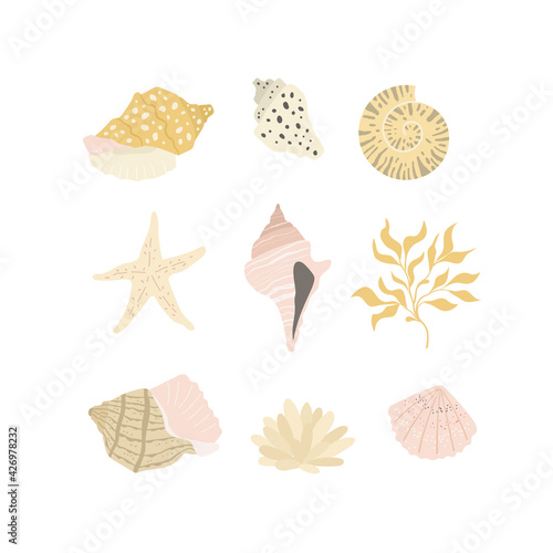 Marine life objects in pastel colors. Nature under water. Flat design, vector illustration