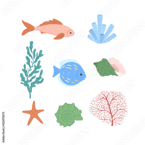 Set of nautical elements - fish, coral, shell, starfish, seaweed. Sea life. Flat vector cartoon illustration isolated on white