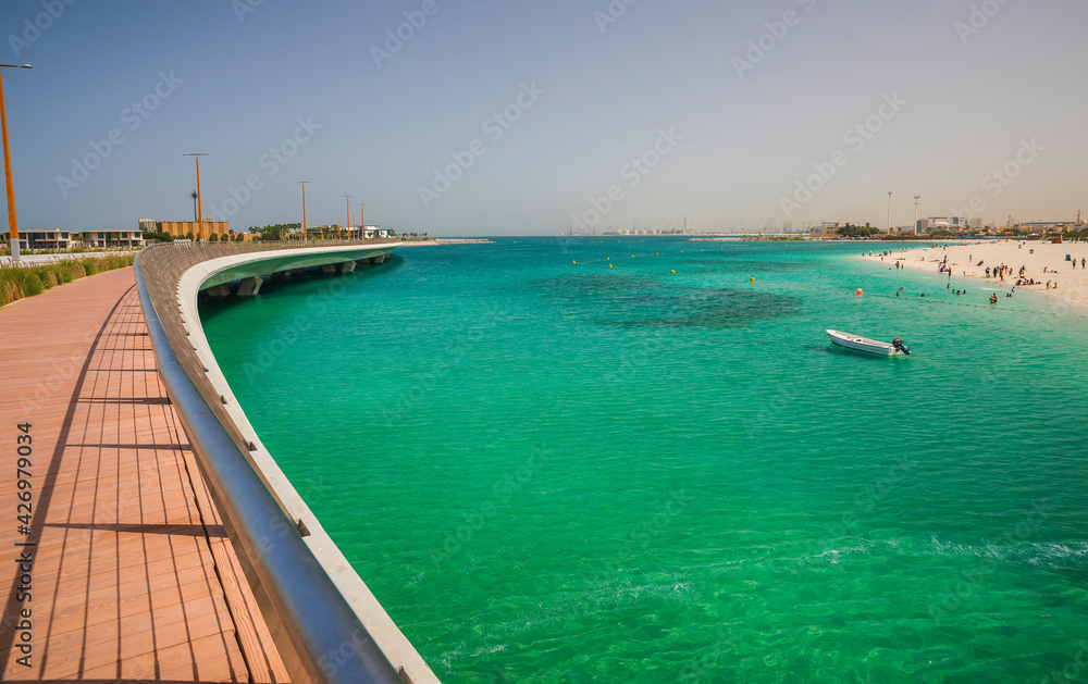 Dubai, UAE - March 04, 2021: One of the beaches of Dubai