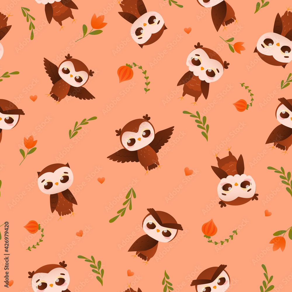 Owl pattern in childish cartoon style on pink background with floral elements, ornate for bedding, textile or print Owl pattern in childish cartoon style on pink background with floral elements, ornate for bedding, textile or print