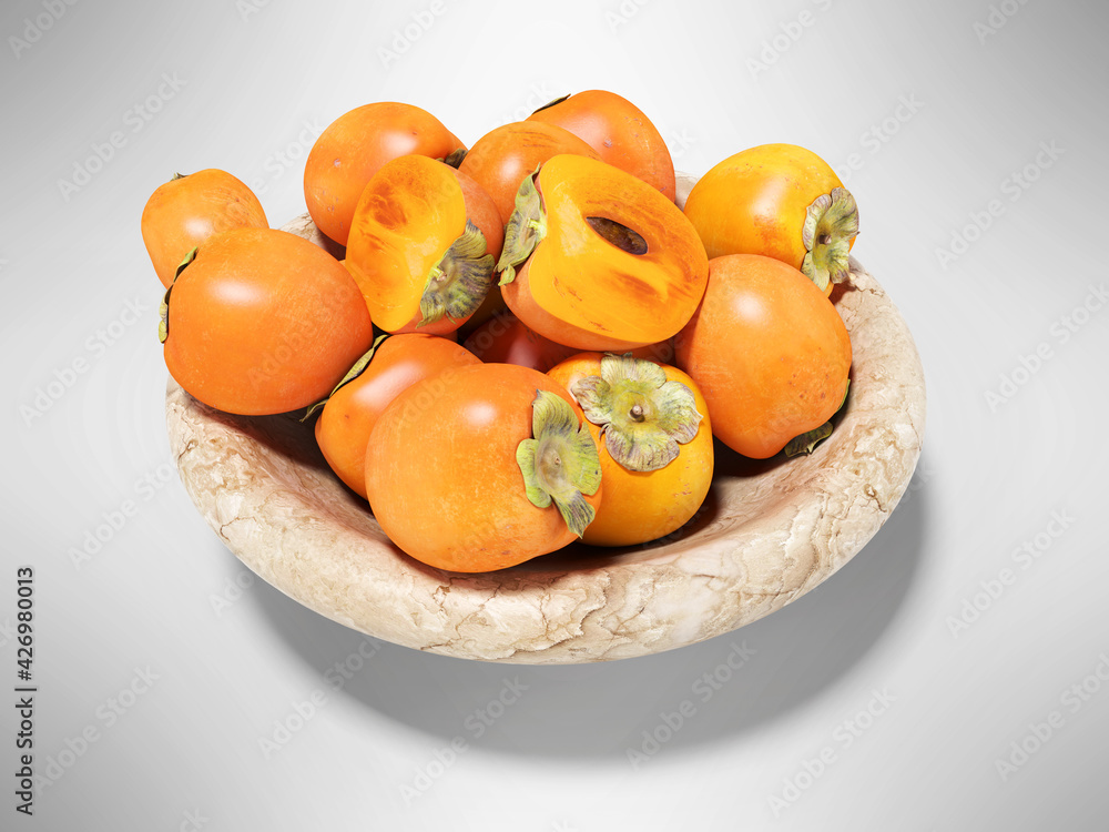 3d rendering of persimmon on plate on gray background with shadow