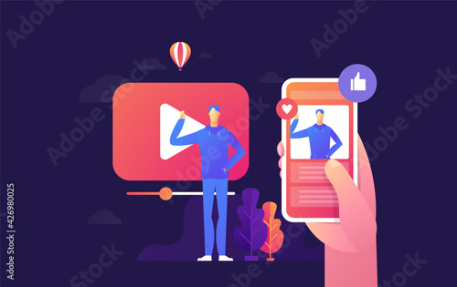 people streaming online video with their laptop, smartphone vector illustration concept, online tutorial video streaming can use for, landing page.