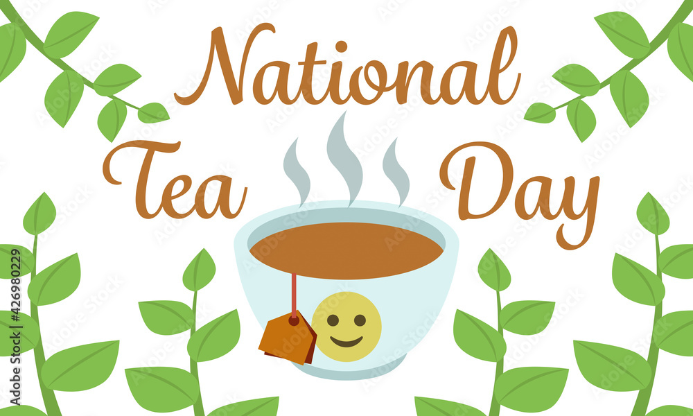 Vecteur Stock teacup with smiling face emoji and national tea day text