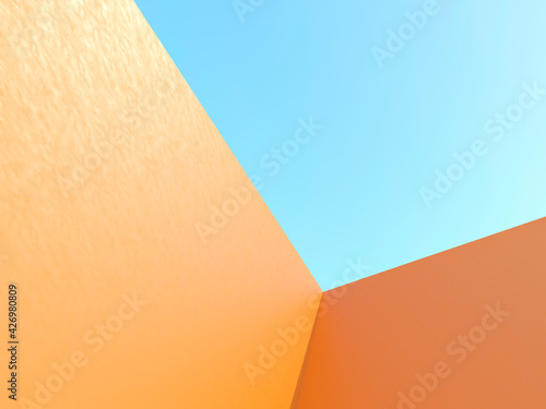 Fototapeta Naklejka Na Ścianę i Meble -  Architectural construction on blue sky. 3d render illustration. Simple angle, empty space for advertising text. Bright summer yellow color. 