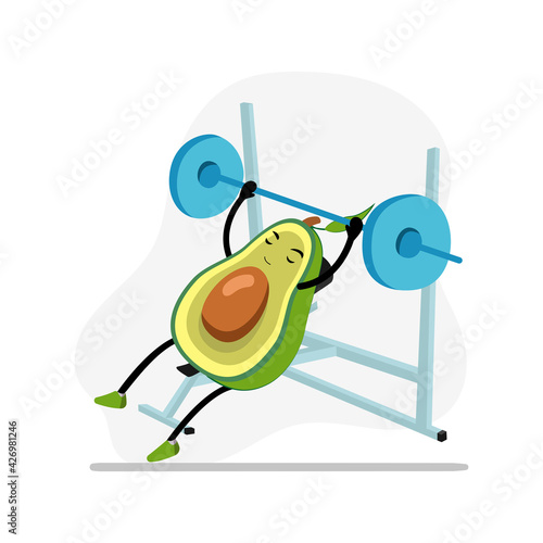 Avocado in gym bench press, character cute active
