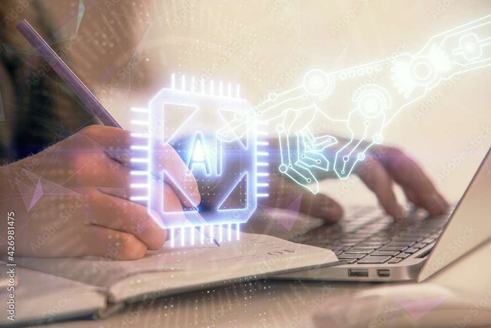 Multi exposure of woman hands working on computer and data theme hologram drawing. Tech concept. Multi exposure of woman hands working on computer and data theme hologram drawing. Tech concept.