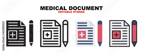 Medical Document icon set with different styles. Icons designed in filled, outline, flat, glyph and line colored. Editable stroke and pixel perfect. Can be used for web, mobile, ui and more.